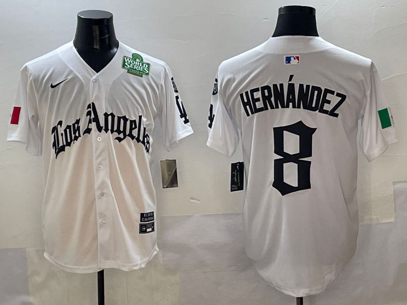 Men Los Angeles Dodgers #8 Hernandez White Five generations Joint Name 2025 Nike MLB Jersey style 6